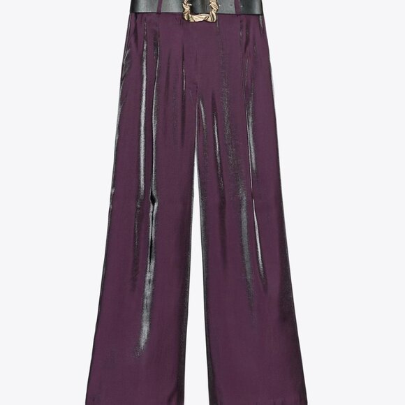 ZARA EGGPLANT SATIN WIDE LEG BELTED PANTS - Picture 4 of 4